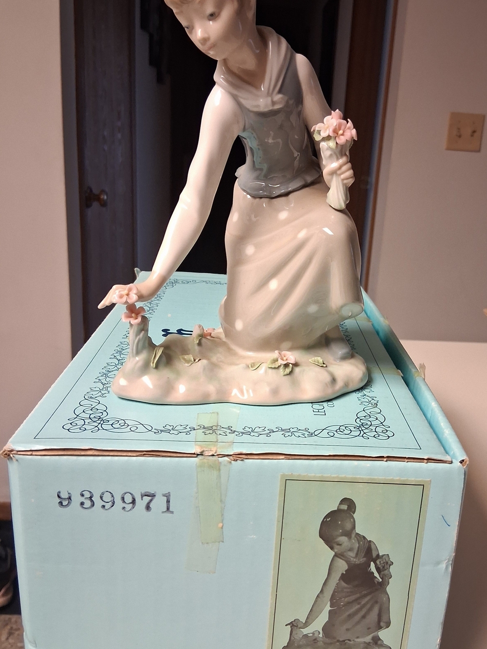 Lladro Porcelain Girl Sculpture in Pastel Blue and Cream with Pink Accents